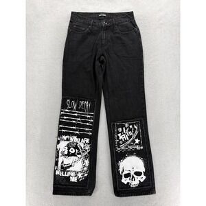 Hot Topic Skull Patch Jeans Womens 26x32 Black Charcoal Gothic Punk Grunge Y2K